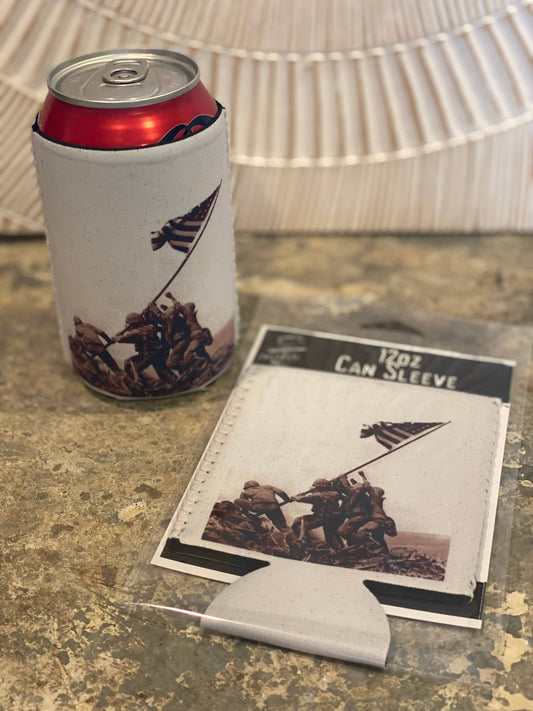 "Iwo Jima Flag" Neoprene Can Sleeve: Packaged with a backing in a hanging cello bag