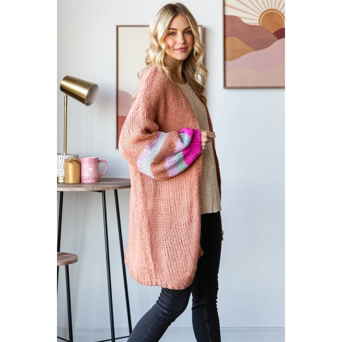 Stripe Sleeve Long Cardigan: Brown