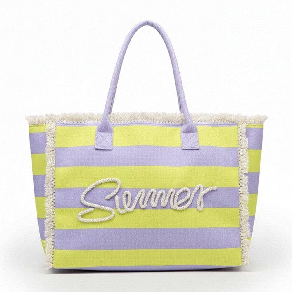 MB0267 Sewn Tope Summer Letter Fringe Striped Tote Bag: Lavender Yellow