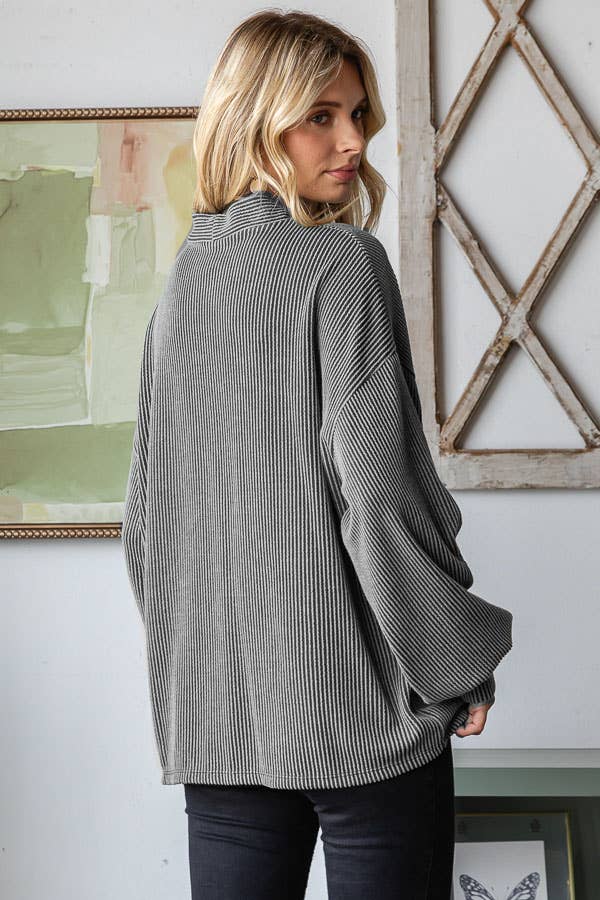 Solid Rib Drop Shoulder Button Balloon Sleeve Cardigan