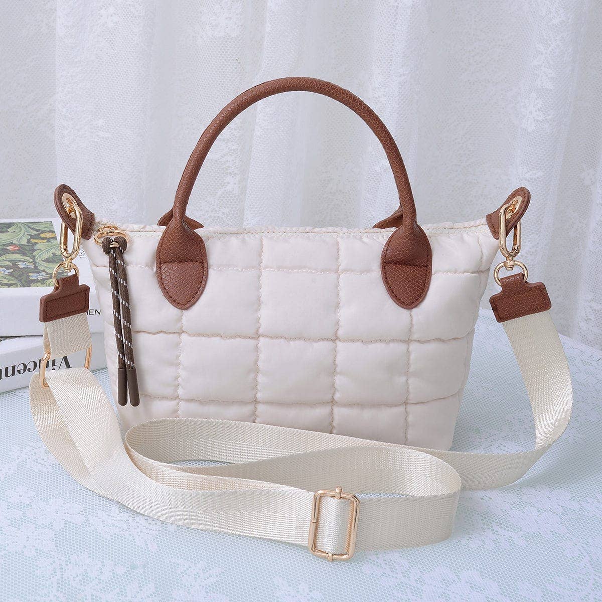 QP782 Quilted Puffer Satchel/Crossbody Bag: Taupe