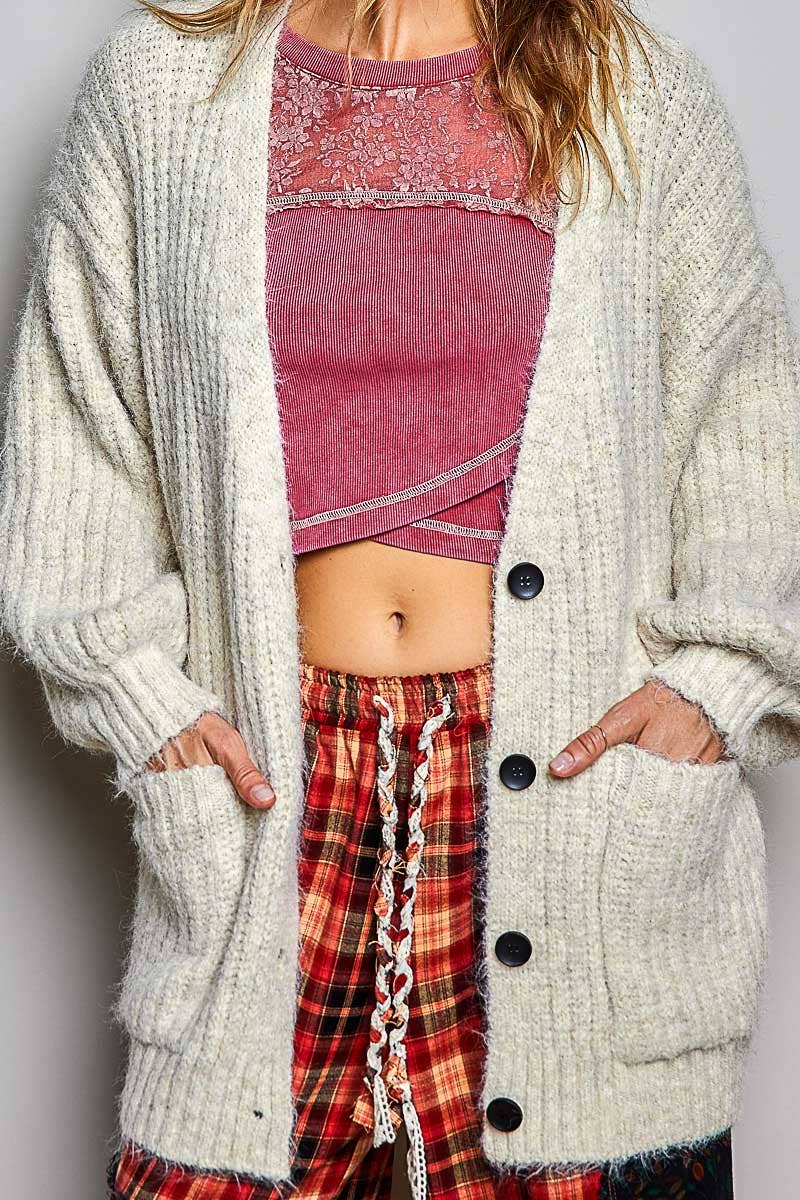 Oversized Ribbed Knit V-Neck Button Pockets Cardigan ALMOND / OS