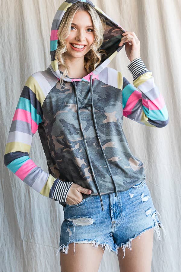 Camo Print Stripe Raglan Sleeve Hoodie