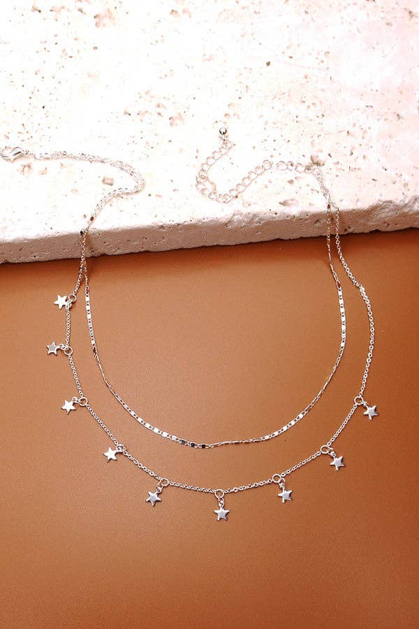 DELICATE DOUBLE LAYER STAR DROP NECKLACE | 47N19411: SILVER