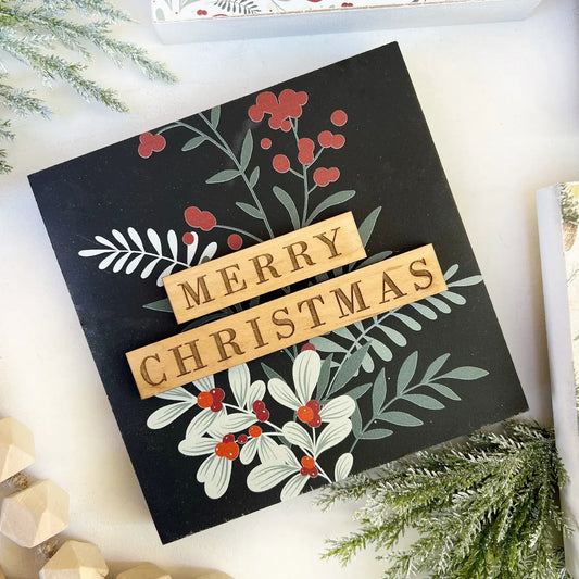 Christmas Mini Block Tiered Tray Signs: Merry Christmas Black