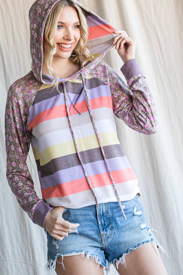 Stripe Floral Raglan Sleeve Hoodie