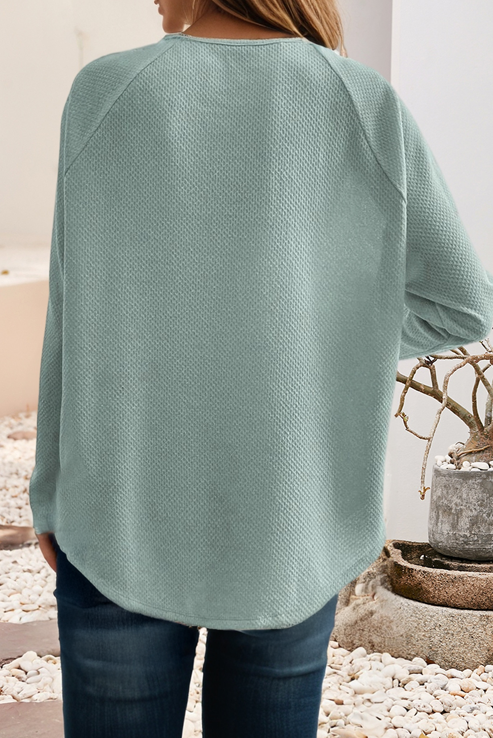 Textured Raglan Sleeve Knit Loose Top: Moonlight Jade