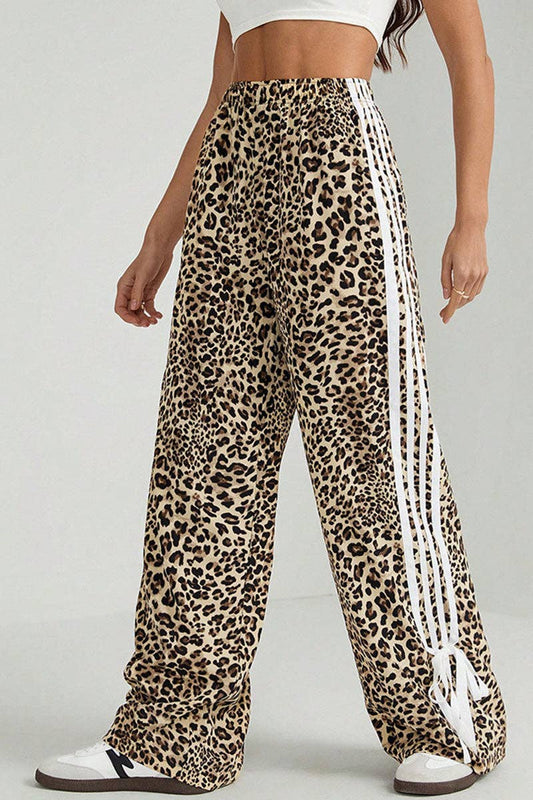 Leopard Print Side Stripe Wide Leg Pants