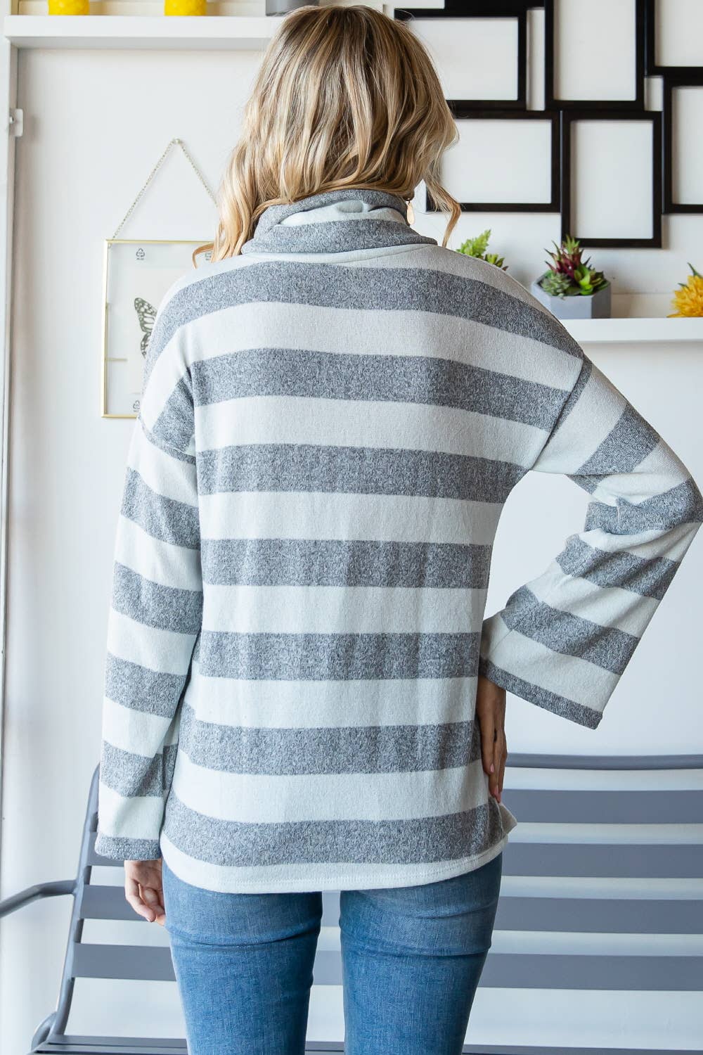 Striped Funnel Neck Knit Top: Cream