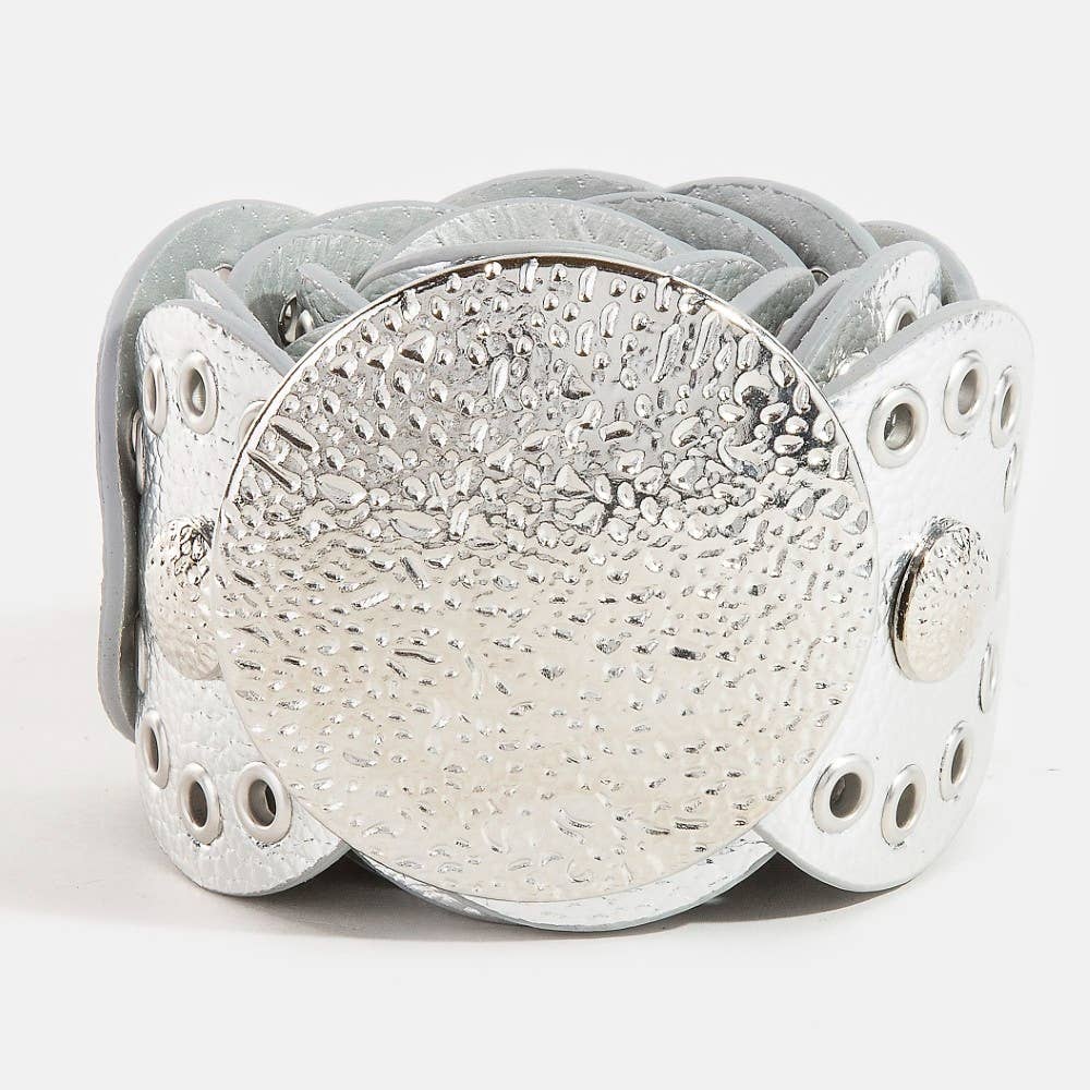 Hammered Disc Accent Panel Link Vegan Leather Belt