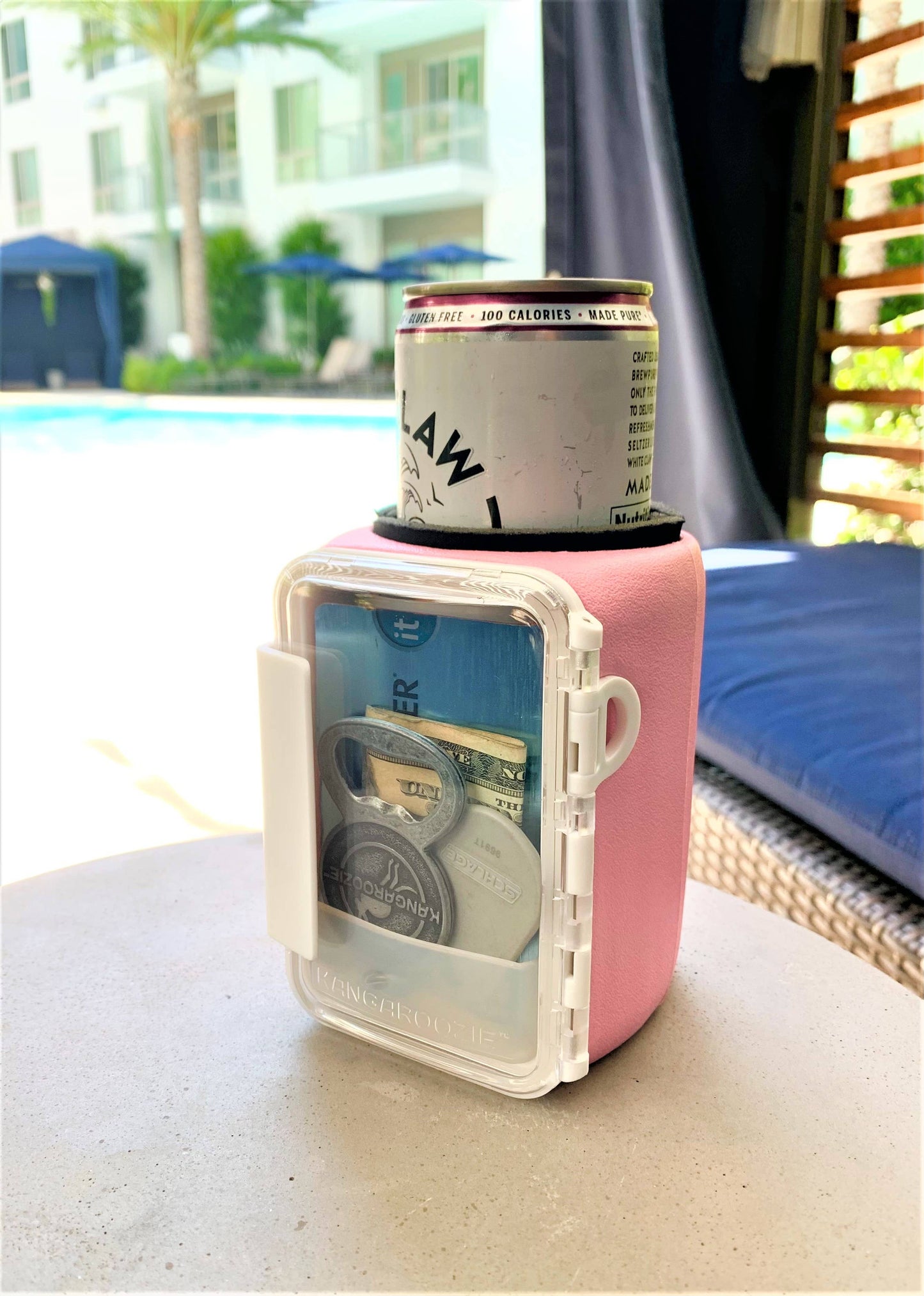 Kangaroozie (for slim cans & bottles) - Koozie with Pocket: Pink Foam/White Compartment