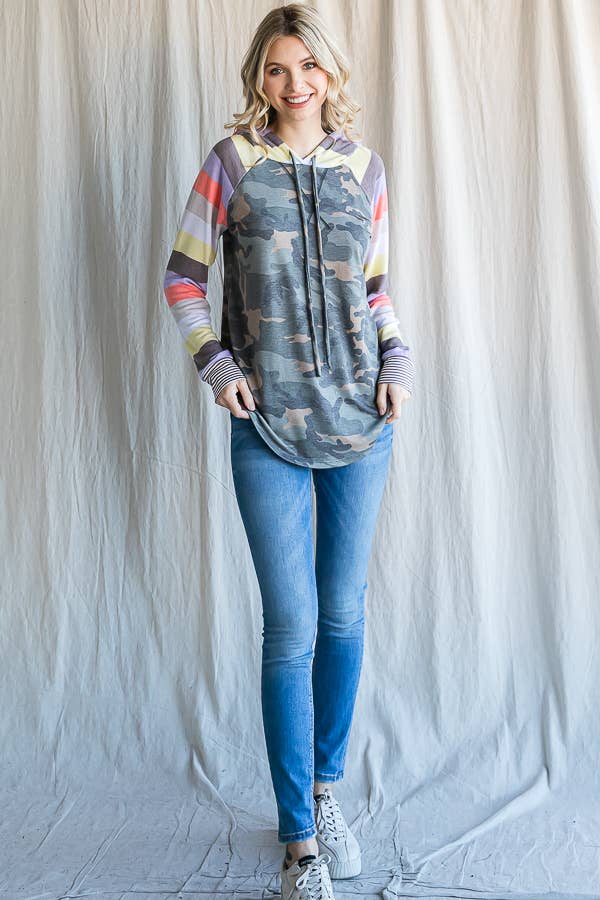 Camo Print Stripe Raglan Sleeve Hoodie