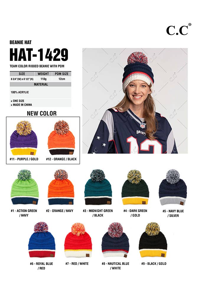 C.C Team Color Ribbed Beanie with Pom Winter Hat: 9.black/Gold