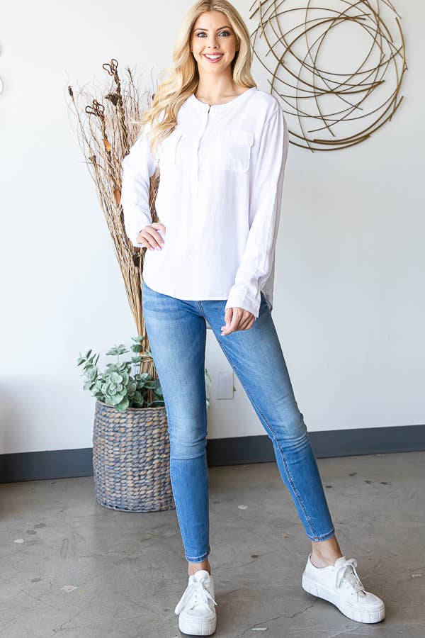 LS ROUND NECK BUTTON DOWN BLOUSE: BLUE