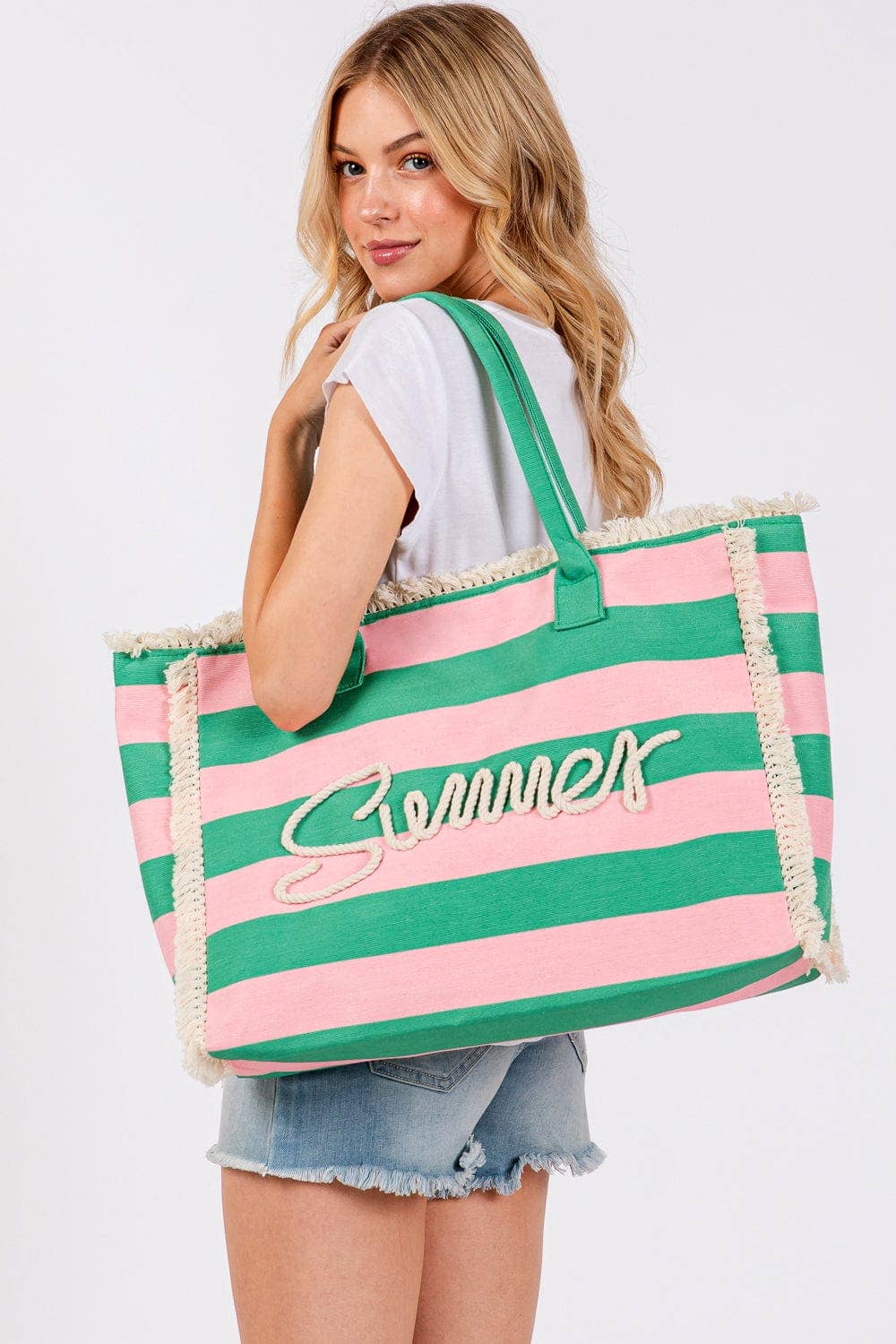 MB0267 Sewn Tope Summer Letter Fringe Striped Tote Bag: Lavender Yellow