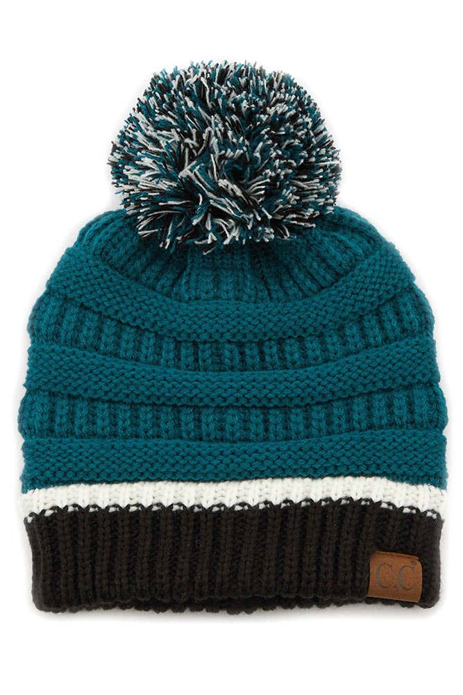 C.C Team Color Ribbed Beanie with Pom Winter Hat: 9.black/Gold