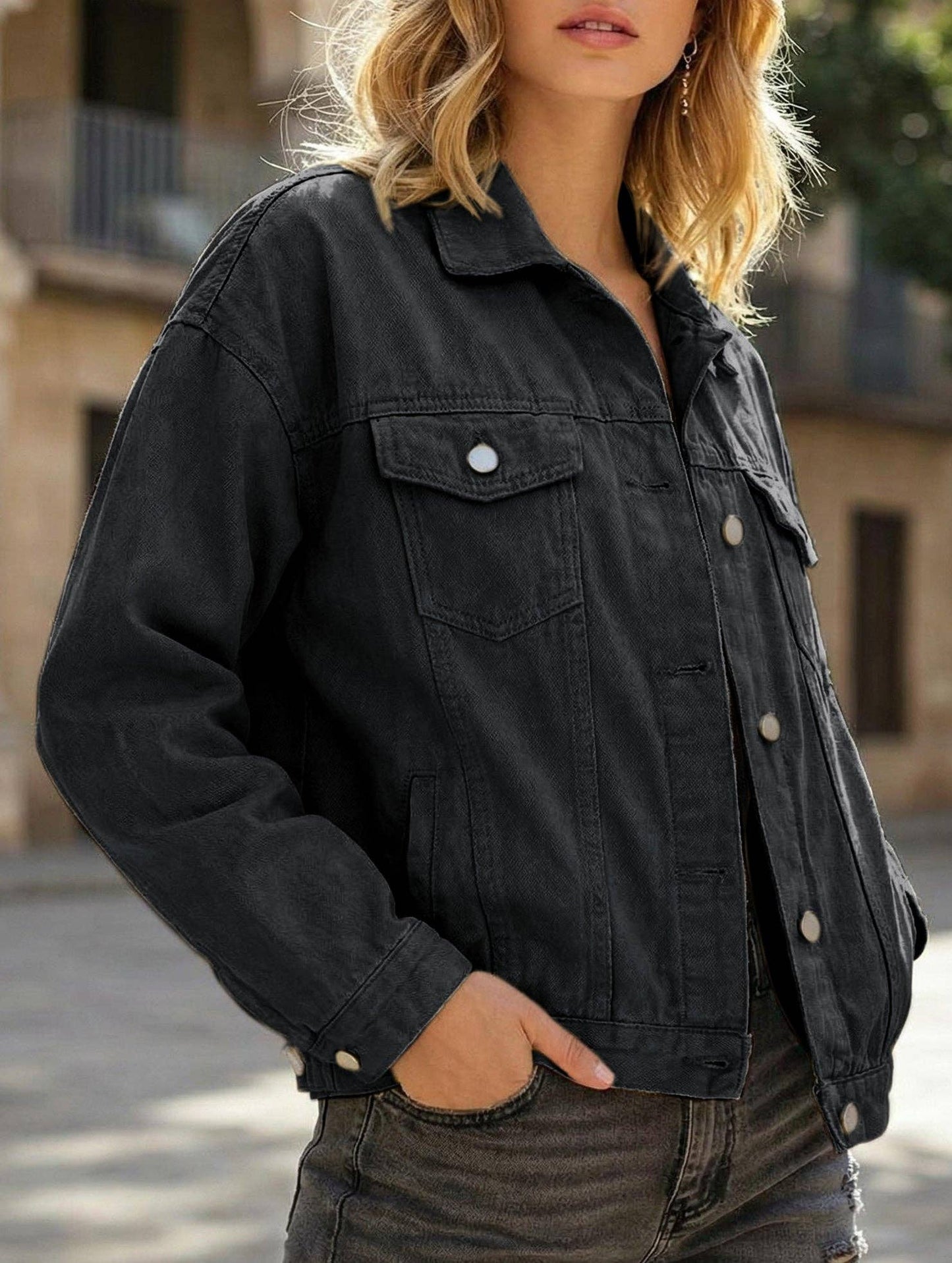 Solid color slim cropped denim jacket casual jacket: Black