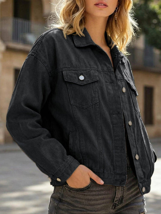 Solid color slim cropped denim jacket casual jacket: Black