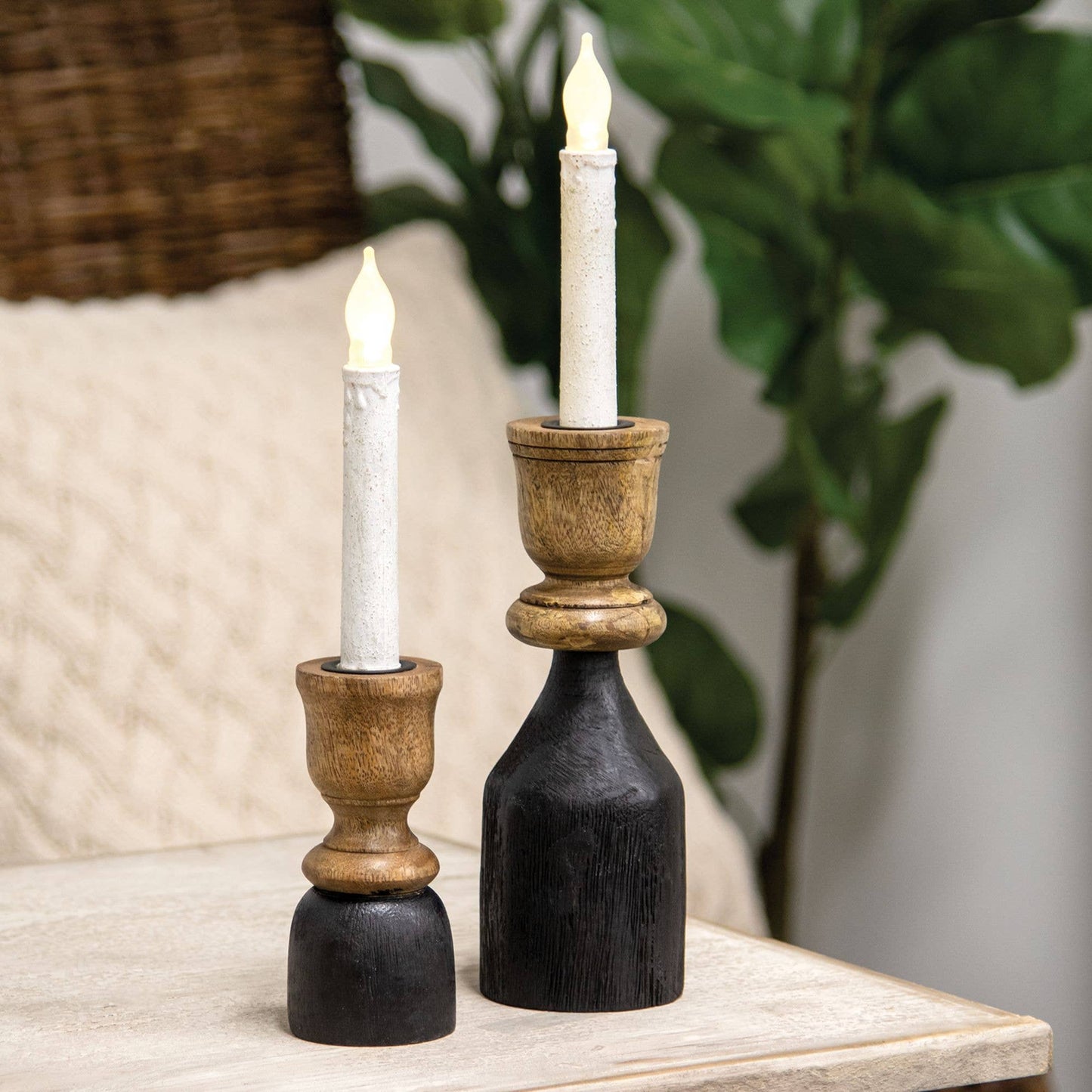 Black & Natural Wood Taper Candle Holder, 8.25"