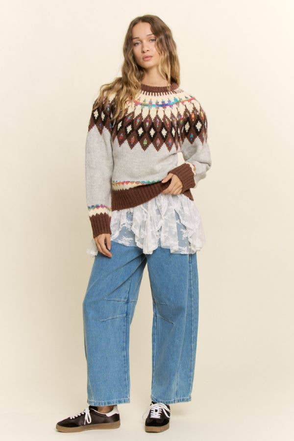 Fair Isle Yoke Crew Sweater: Grey Mocha