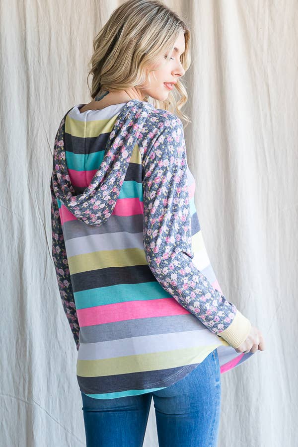 Stripe Floral Raglan Sleeve Hoodie