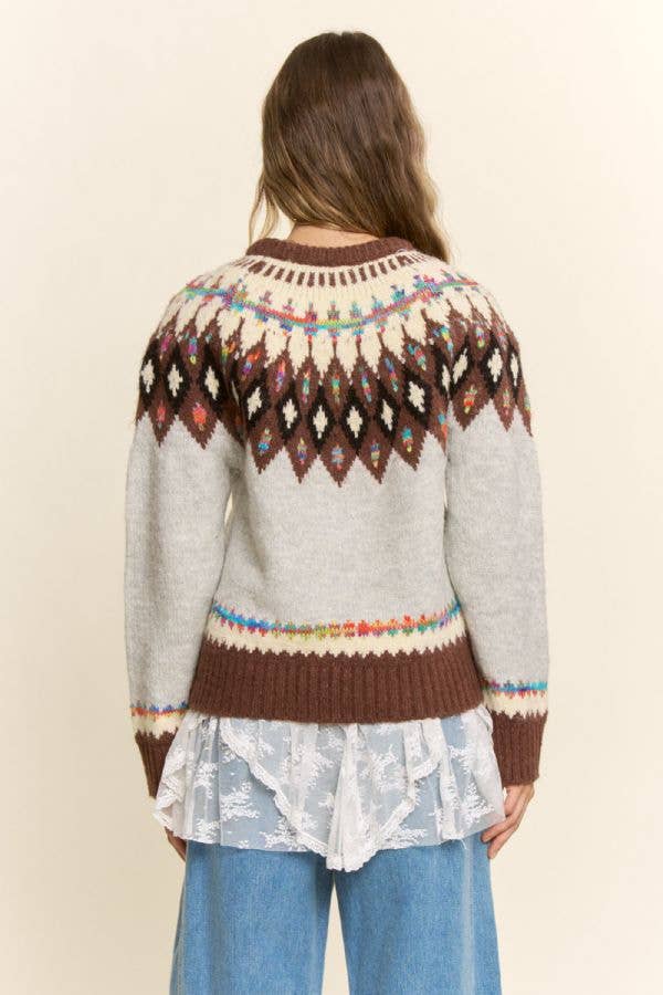 Fair Isle Yoke Crew Sweater: Grey Mocha