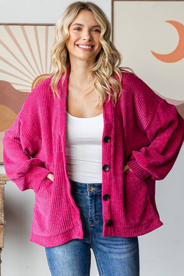 Chenille Drop Shoulder Button Front Cardigan