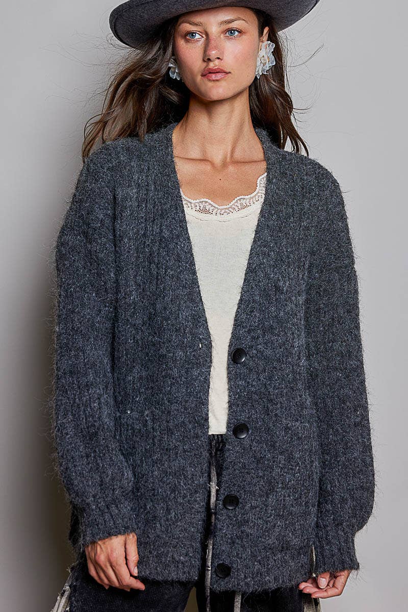 Oversized Ribbed Knit V-Neck Button Pockets Cardigan ALMOND / OS