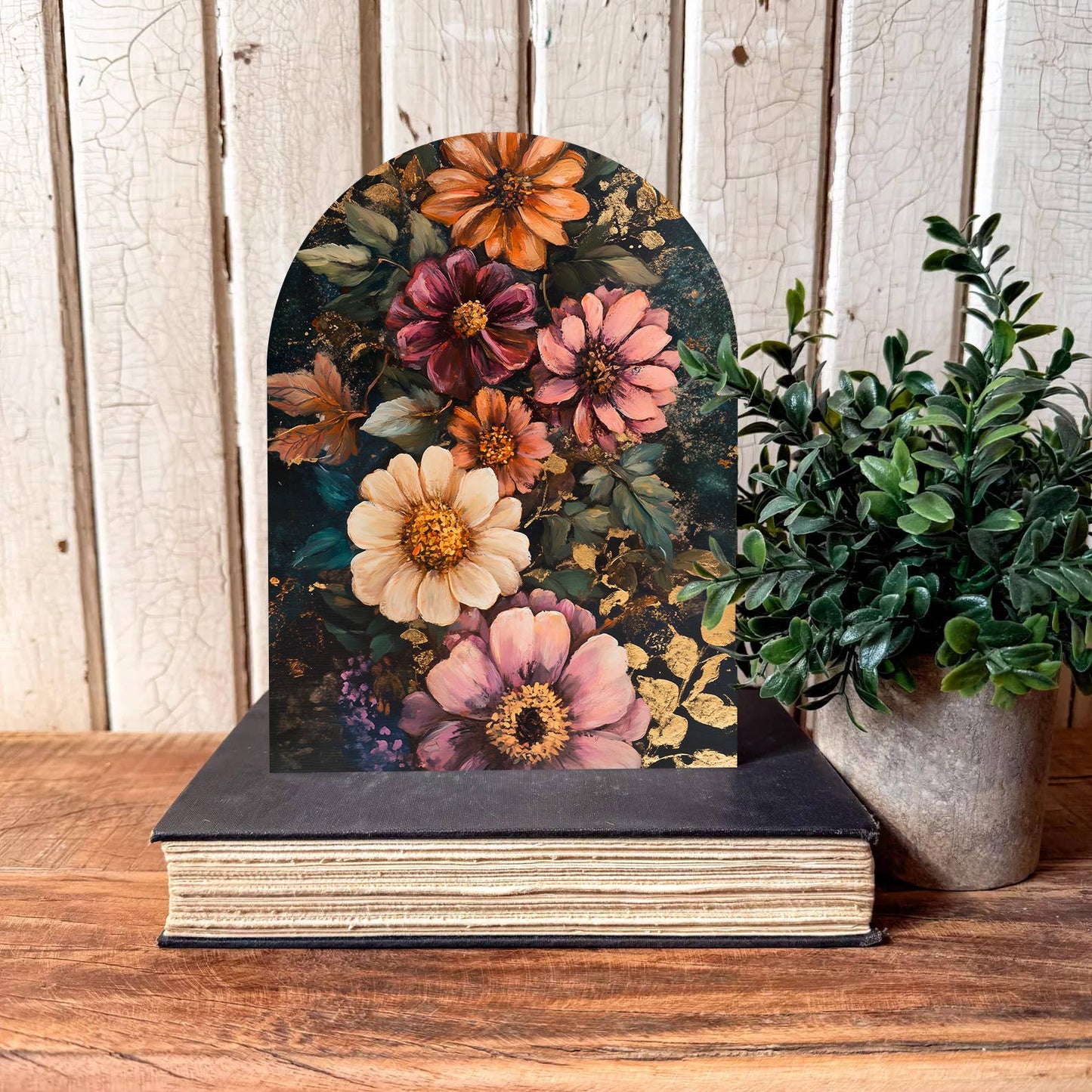 Moody Colorful Floral Arched Shelf Sitter: Dark Base