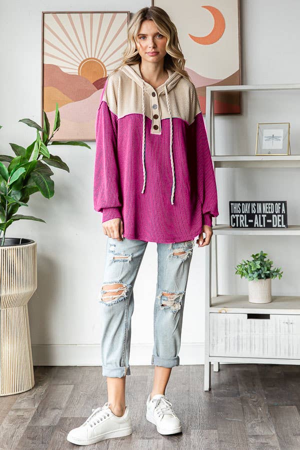 Ribbed Balloon Sleeve Button Front Drawstring Hoodie