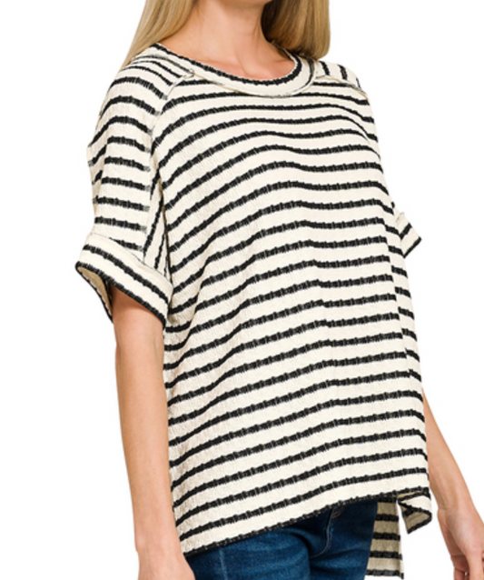Stiped Short Sleeve Hi-Low Tee