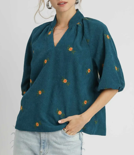 Corduroy Floral Embroidered Blouse