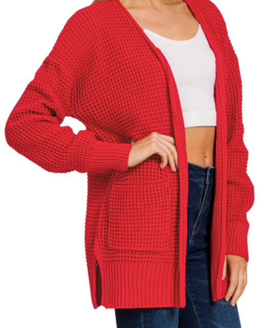Low gauge waffle open cardigan sweater