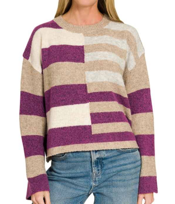 Lightweight wool blend color block sweater