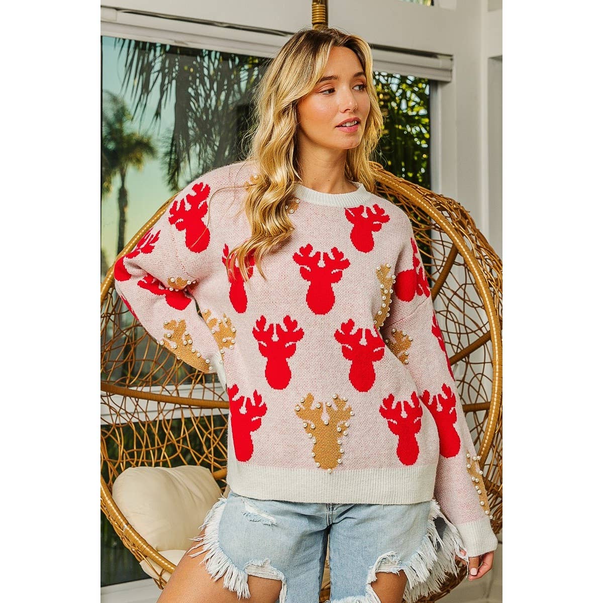 PEARL BEAD RUDOLPH CHRISTMAS SWEATER