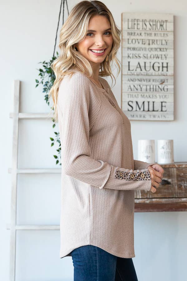 Solid Rib Button Detail Cuff Long Sleeve