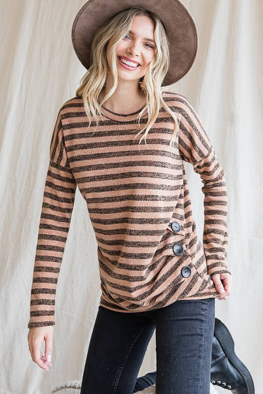 Stripe Drop Shoulder Button Long Sleeve