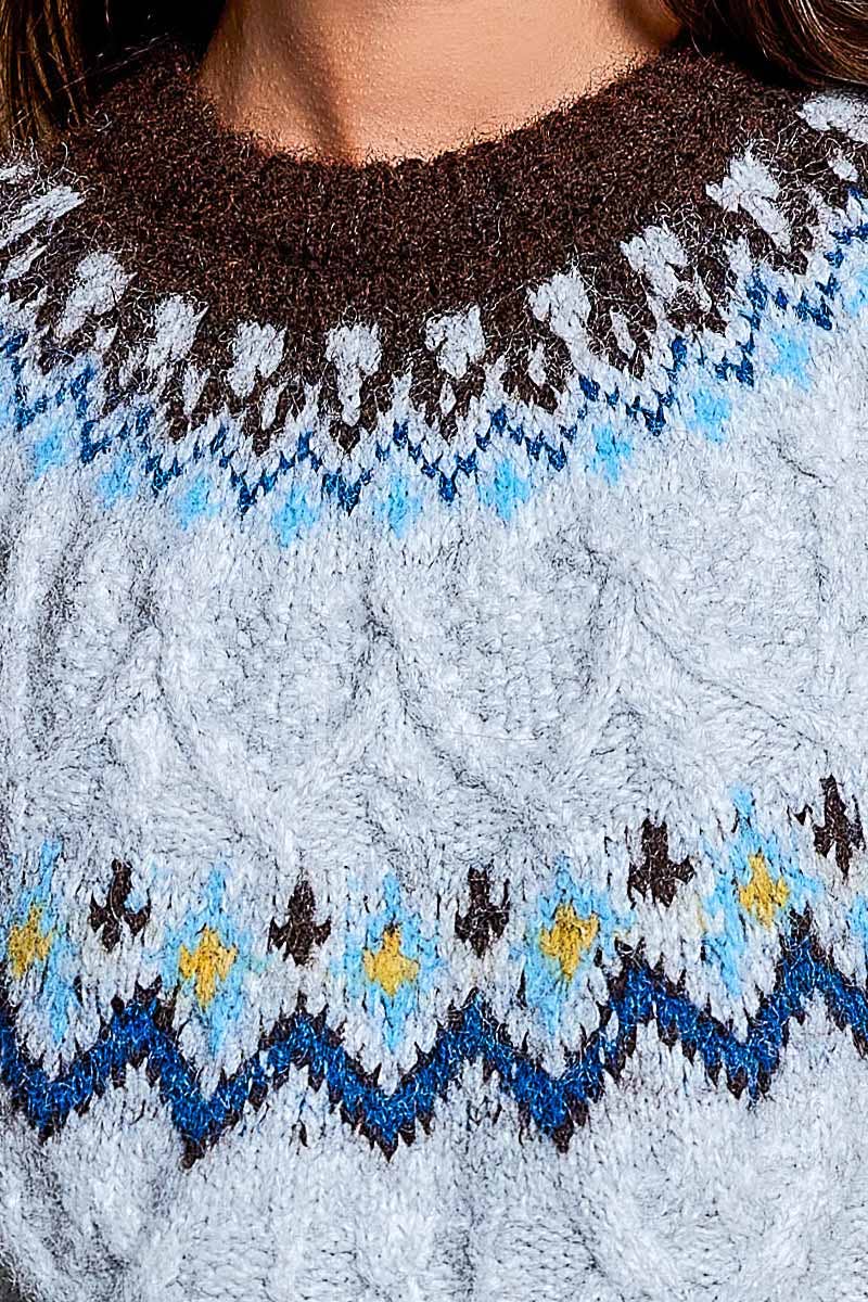 Cable Knit Ribbed Trim Sweater LIGHT GREY / OS