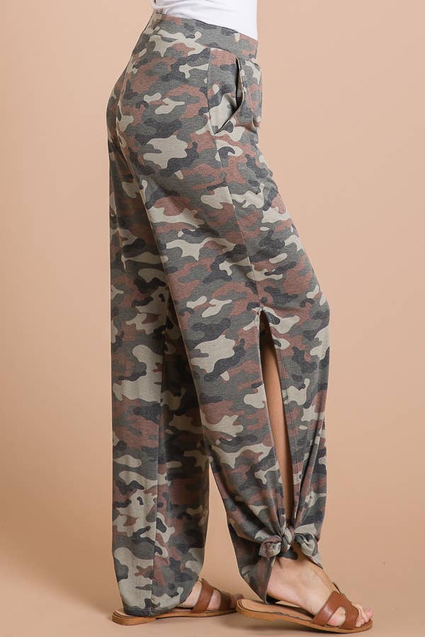 Camo Print Split Side Ankle Tie Women's Pant