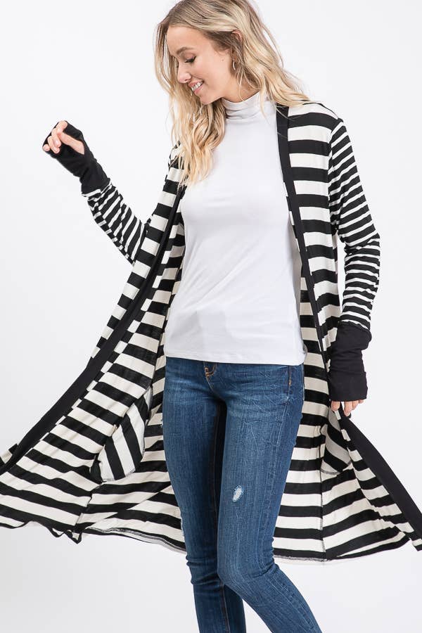 Striped Open front Thumbhole Maxi Cardigan