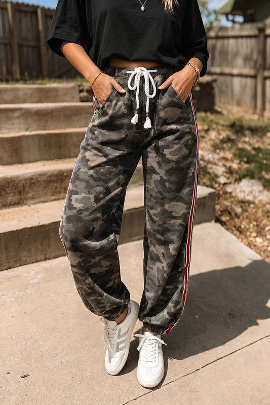 Camouflage Print Striped Side Panel Patched Drawstring Pants