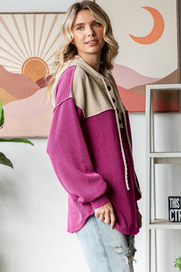 Ribbed Balloon Sleeve Button Front Drawstring Hoodie