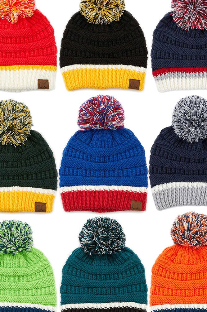 C.C Team Color Ribbed Beanie with Pom Winter Hat: 9.black/Gold