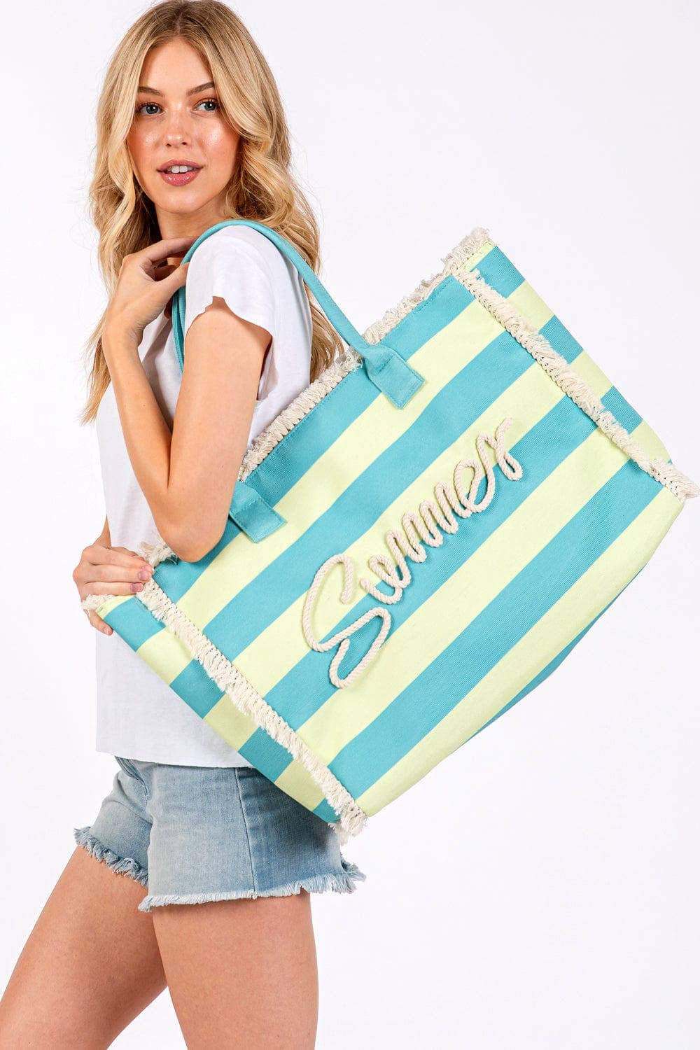 MB0267 Sewn Tope Summer Letter Fringe Striped Tote Bag: Lavender Yellow