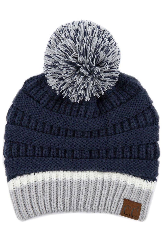 C.C Team Color Ribbed Beanie with Pom Winter Hat: 9.black/Gold