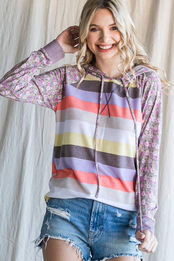 Stripe Floral Raglan Sleeve Hoodie