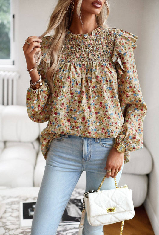 "Anna" Long sleeve floral blouse: Cream