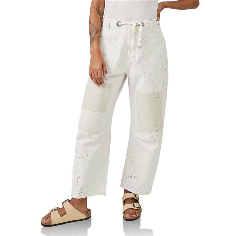 Loose Straight Drawstring Patchwork Jeans