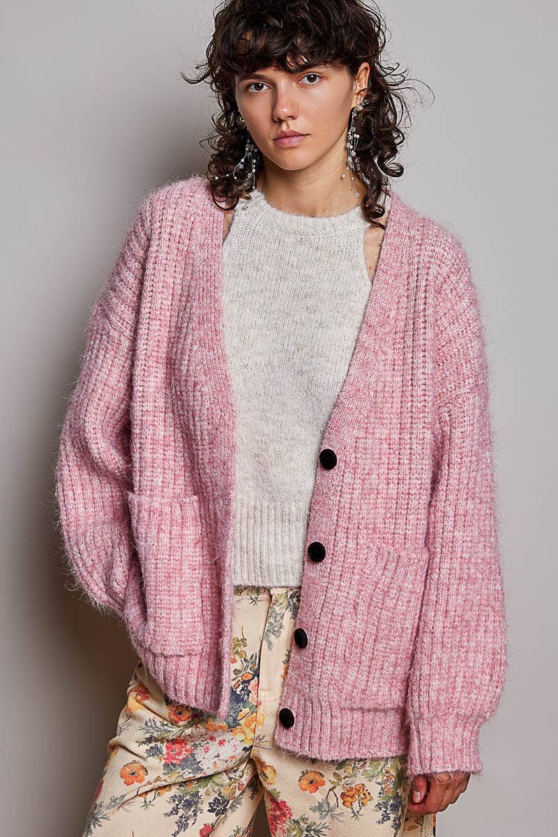 Oversized Ribbed Knit V-Neck Button Pockets Cardigan ALMOND / OS