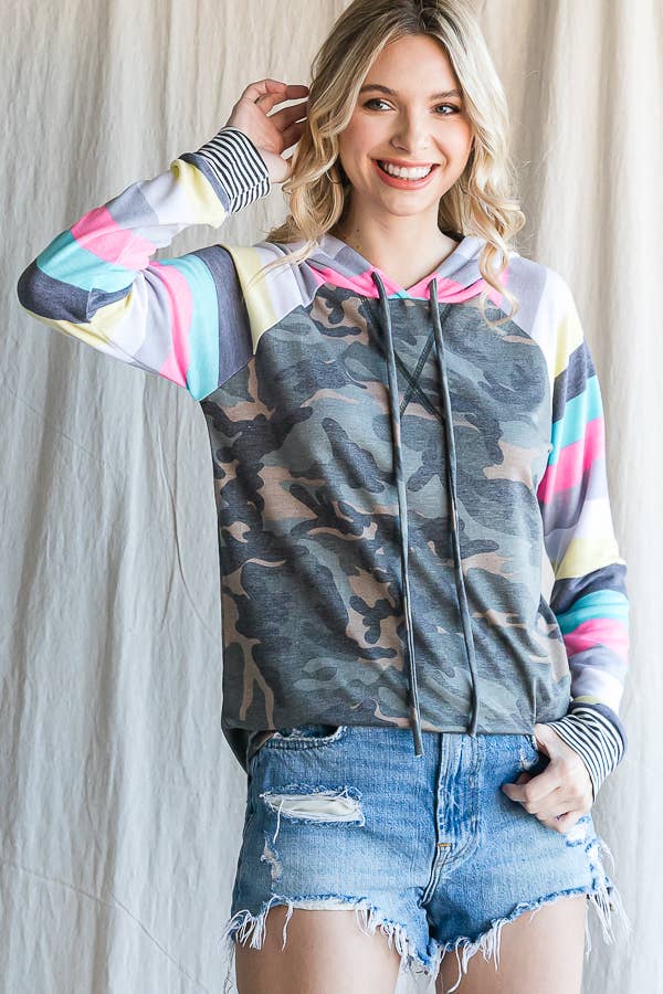 Camo Print Stripe Raglan Sleeve Hoodie